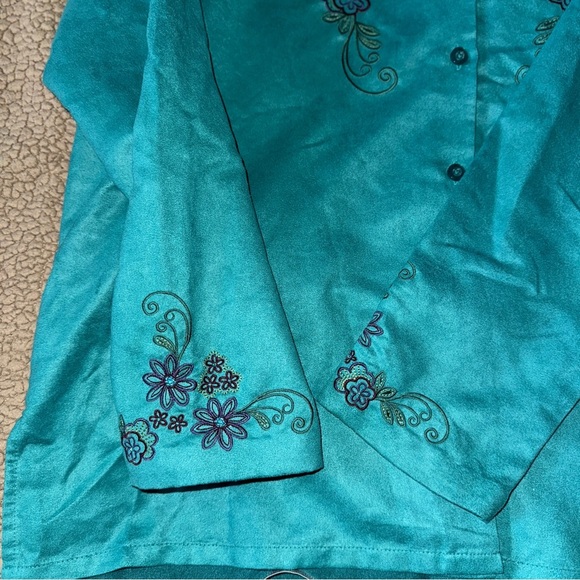VTG Fashion Classics Sueded Long Sleeve Embroidered Bead Shirt/Jacket,Teal, Sz L - Picture 10 of 11